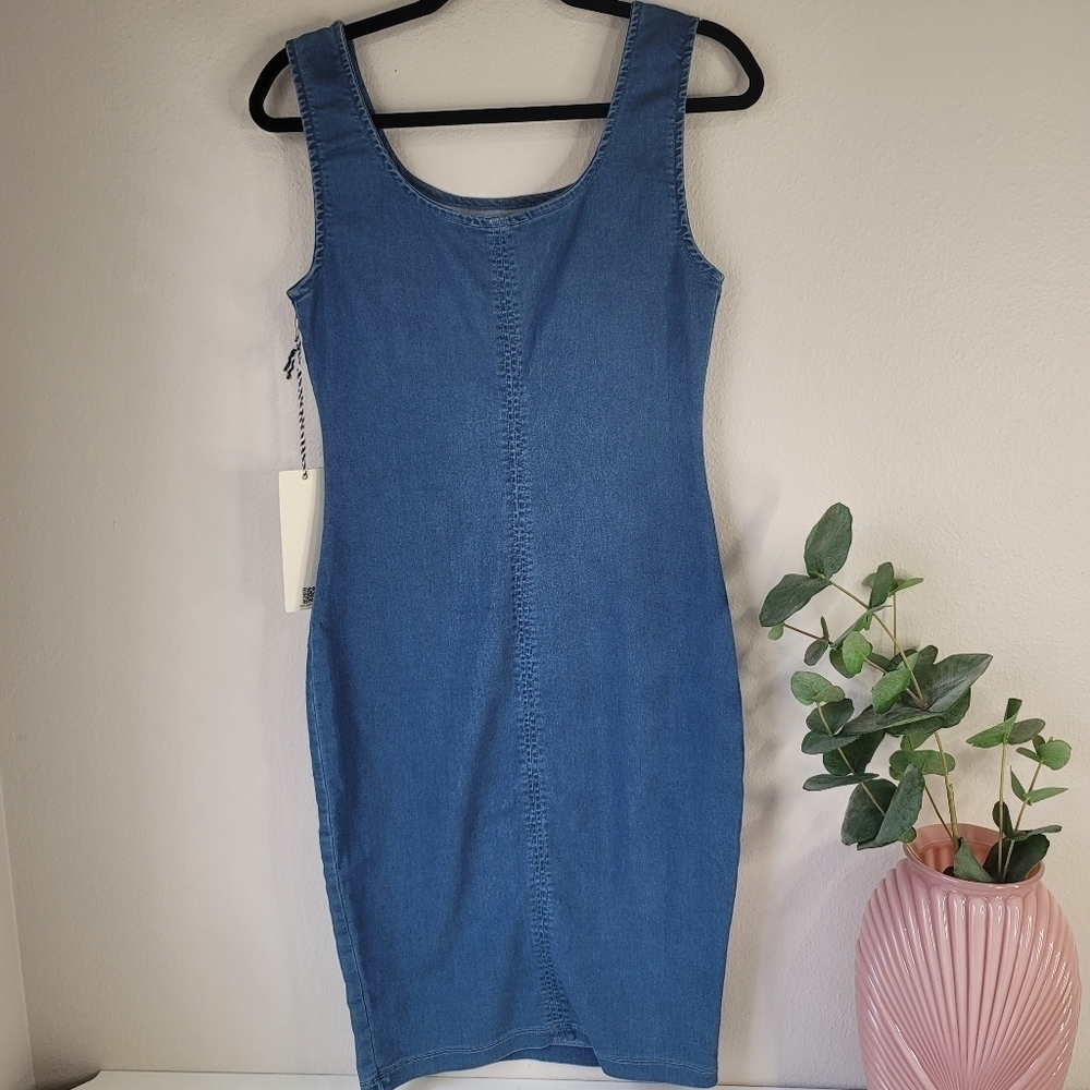 NWT iris chambray stretch denim mini dress contour bodycon 90s Vintage